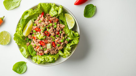 A vibrant salad featuring fresh vegetables, peas, and chili served in a bowl, garnished with lime and lettuce, perfect for healthy meal planning and culinary inspiration.の素材