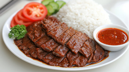 A vibrant snapshot of a beautifully arranged meal featuring tender beef slices, fragrant white rice, fresh vegetables, and a spicy dipping sauce, perfect for food lovers.の素材