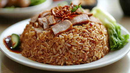 A mouthwatering plate of fried rice featuring tender meat slices and fresh vegetables, elegantly garnished with herbs, perfect for any meal or occasion.の素材