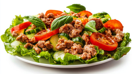 A vibrant fresh salad featuring ground meat, crisp cucumbers, juicy tomatoes, and fragrant basil leaves, served on a white plate, perfect for healthy eating.の素材