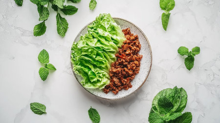This appealing image features a lettuce wrap filled with savory ground meat, complemented by fresh mint leaves, creating a healthy and delicious meal option.の素材