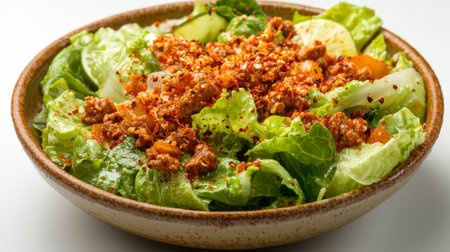 A fresh salad featuring vibrant greens and crunchy toppings, beautifully presented in a rustic wooden bowl. Perfect for healthy meals and food photography.の素材
