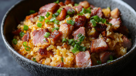 A vibrant bowl of golden fried rice, topped with succulent crispy pork pieces and fresh green onions, creating a mouthwatering dish perfect for any occasion.の素材