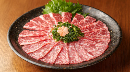 A visually stunning display of premium wagyu beef slices artfully arranged on a black plate, accompanied by fresh greens and decorative garnishes, ideal for food lovers.の素材