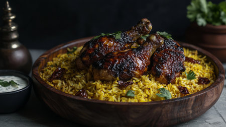 A beautifully arranged plate of spiced chicken drumsticks atop vibrant yellow rice, garnished with fresh herbs, accompanied by creamy yogurt sauce, perfect for any meal.の素材