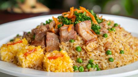 A sumptuous plate of fried rice with succulent pork, peas, and garnished with carrots and herbs. Perfect for food lovers seeking a delicious and vibrant meal.の素材