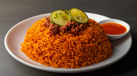 Delight in this vibrant rice dish, beautifully garnished with savory meat and fresh lime, paired with a side of spicy sauce for a flavorful experience.の素材