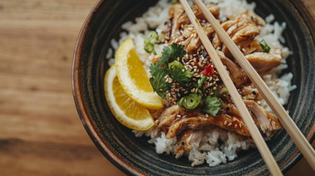 Delight in a beautifully arranged chicken rice bowl featuring succulent meat, fresh herbs, sesame seeds, and citrus slices, creating a vibrant and appetizing meal.の素材