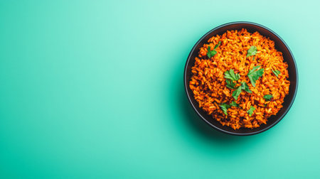 A bright and colorful bowl filled with aromatic spicy rice garnished with fresh herbs, set against a vibrant turquoise background. Ideal for food photography.の素材