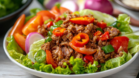 A vibrant and appetizing salad featuring minced meat, fresh lettuce, and colorful vegetables, perfect for a healthy meal or dining experience on a wooden table.の素材