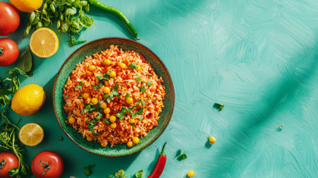 A beautifully arranged bowl of spicy rice surrounded by vibrant vegetables and fresh herbs on a turquoise background, ideal for food photography and culinary inspiration.の素材