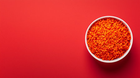 A striking image of red rice in a white bowl, set against a bold red background, perfect for projects focused on food, health, and minimalistic design themes.の素材
