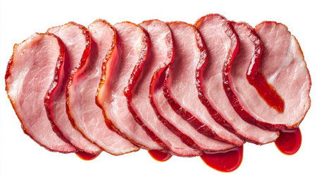 This image features beautifully sliced deli meat on a clean white background. The rich colors and texture highlight the meat's appetizing appeal, perfect for culinary uses.の素材