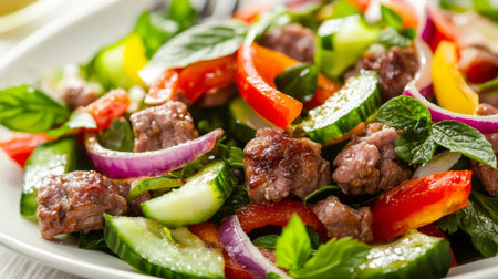 Experience a delicious salad featuring tender beef cubes, crisp vegetables, and aromatic herbs, perfect for healthy dining and vibrant culinary presentations.の素材