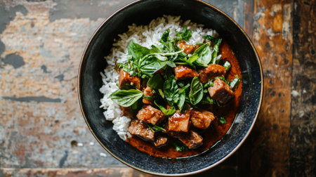 A hearty beef stew accompanied by aromatic herbs and served over fluffy rice, this dish provides a warm and satisfying meal, ideal for any dining occasion.の素材
