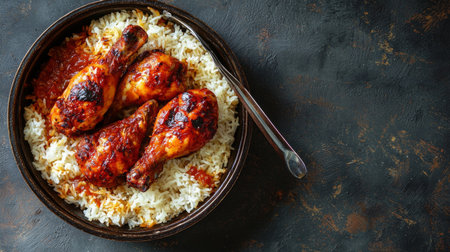 Enjoy a mouthwatering serving of grilled chicken drumsticks on fluffy rice, topped with a rich tomato sauce. A perfect dish for gatherings or family dinners.の素材