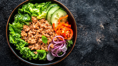 A vibrant salad bowl featuring fresh greens topped with savory ground meat and colorful vegetables. Ideal for healthy meals, this dish is visually appealing and delicious.の素材