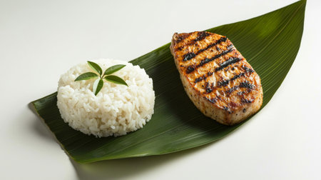 This image showcases a beautifully grilled fish fillet accompanied by a serving of fluffy steamed rice, elegantly presented on a green leaf plate, perfect for a culinary delight.の素材