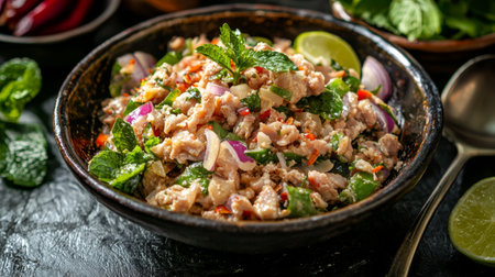 A vibrant chicken salad with fresh mint, red onions, and colorful vegetables, beautifully arranged in a rustic bowl, showcasing delicious ingredients and textures.の素材