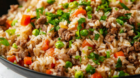 A vibrant dish featuring stir-fried rice mixed with fresh vegetables and ground beef, showcasing an appetizing blend of colors and flavors perfect for any meal.の素材