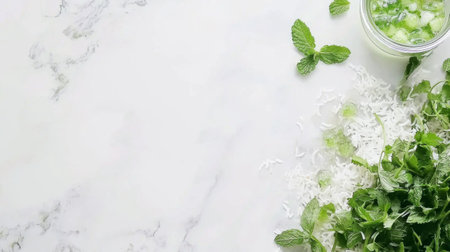 A vibrant arrangement of fresh mint leaves and grated coconut on a marble surface, perfect for culinary inspiration and healthy cooking endeavors in modern kitchens.の素材