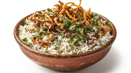 A vibrant bowl featuring savory chicken and aromatic rice topped with fresh herbs and crispy onions. Ideal for showcasing delicious culinary creations and presentations.の素材