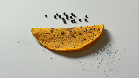 A vibrant yellow slice of food item sprinkled with black pepper corns on a clean white surface, perfect for illustrating culinary themes and enhancing food presentations.の素材
