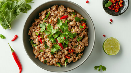 A vibrant bowl of savory minced meat is skillfully garnished with fresh herbs, vibrant chili peppers, and slices of lime, perfect for culinary enjoyment.の素材