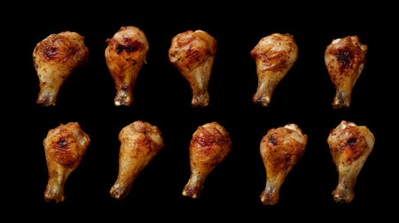 A stunning display of grilled chicken drumsticks, beautifully arranged on a dark surface. Ideal for food photography, cooking blogs, and recipe illustrations.の素材