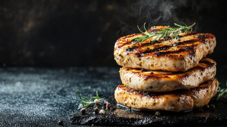 Indulge in a visually enticing stack of perfectly grilled chicken breasts garnished with fresh herbs. The smoky aroma elevates this culinary masterpiece.の素材