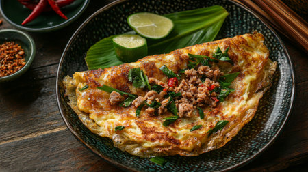 A beautifully plated Asian style omelette featuring minced meat, fresh lime, and vibrant spices. Ideal for culinary enthusiasts seeking inspiration for delicious meals.の素材