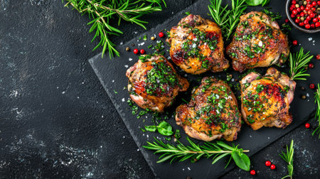 A vibrant display of grilled chicken thighs seasoned with fresh herbs on a dark slate platter, enhanced by greenery and red berries, perfect for culinary enthusiasts.の素材