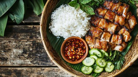 A beautifully arranged plate of grilled chicken served with rice and fresh vegetables, accompanied by a spicy dipping sauce, ideal for food lovers and culinary enthusiasts.の素材