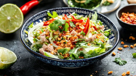 This vibrant salad bowl showcases a blend of fresh herbs, crunchy peanuts, and spicy chili topped with a splash of lime, perfect for healthy dining and culinary creativity.の素材