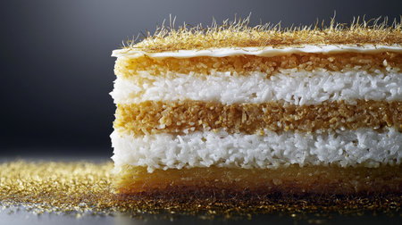 This image features a meticulously crafted golden layered dessert showcasing rich textures and flavors, perfect for culinary inspiration and enticing food photography.の素材