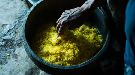 Captivating close-up image of a hand mixing fragrant yellow rice in a traditional pot, showcasing the tactile process of food preparation in warm natural light.の素材