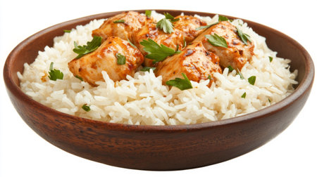 A delightful meal featuring succulent chicken pieces on a bed of fluffy white rice, garnished with fresh herbs in a rustic wooden bowl. Perfect for any occasion.の素材