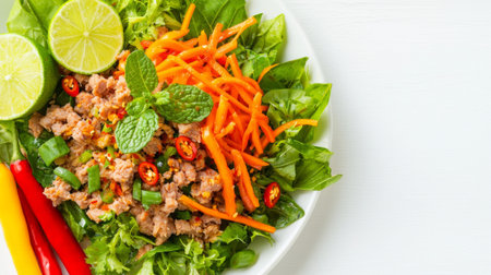 A vibrant salad featuring fresh greens, lean protein, crunchy carrots, and zesty lime, perfect for nutritious meals. Ideal for health-conscious eating.の素材