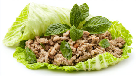 A fresh and vibrant lettuce wrap featuring a flavorful mixture of ground meat, garnished beautifully with mint leaves, perfect for healthy meal ideas.の素材