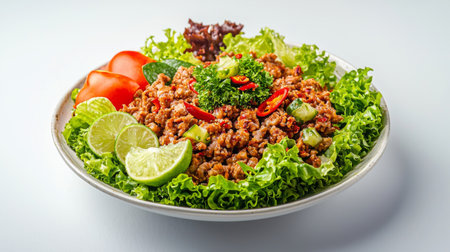 Delight in this vibrant ground meat salad featuring fresh vegetables, zesty lime, and crisp lettuce, perfect for health-conscious meals and culinary presentations.の素材