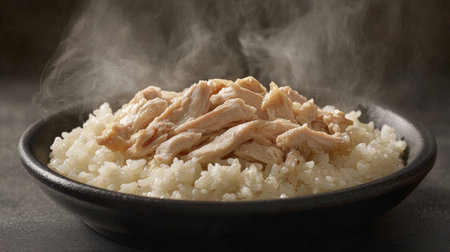 A tempting close-up of steaming white rice topped with tender shredded chicken, ideal for showcasing delicious meals or enhancing culinary content.の素材