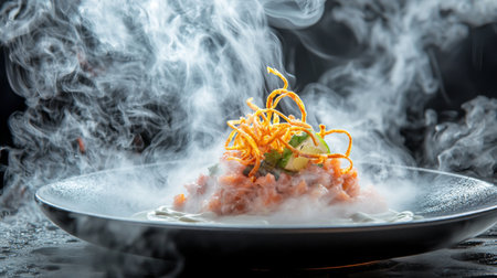 Capture the essence of fine dining with this stunning gourmet dish, featuring smokey effects, fresh ingredients, and a beautiful presentation on a sleek plate.の素材