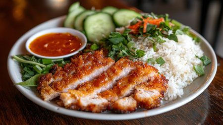 A vibrant plate of crispy chicken served with flavorful rice, fresh vegetables, and a tangy dipping sauce on a wooden table, perfect for food lovers.の素材