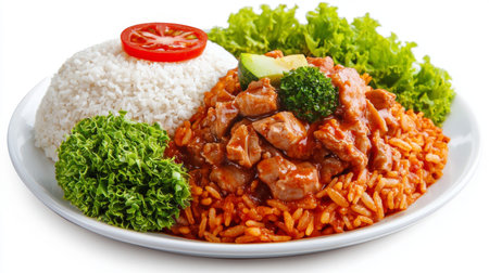 A vibrant, appetizing plate features spicy rice topped with tender chicken, fresh greens, and a juicy tomato, perfect for a delicious meal or restaurant menu.の素材