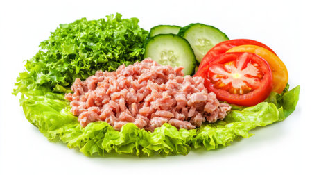 A vibrant arrangement of fresh ingredients including chopped meat, crisp lettuce, and sliced tomatoes and cucumbers, perfect for healthy cooking and meal preparation.の素材