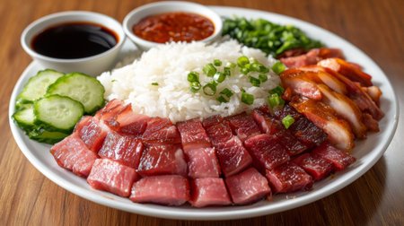 A vibrant plate showcases tender sliced meats arranged artistically with fluffy rice, fresh cucumber, and savory sauces, perfect for a satisfying dining experience.の素材
