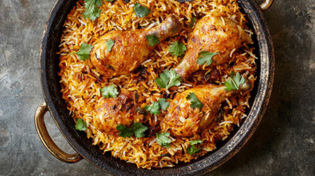 Enjoy a mouthwatering serving of spicy chicken biryani, featuring succulent pieces of chicken nestled in fragrant rice, garnished with fresh coriander for a perfect meal.の素材