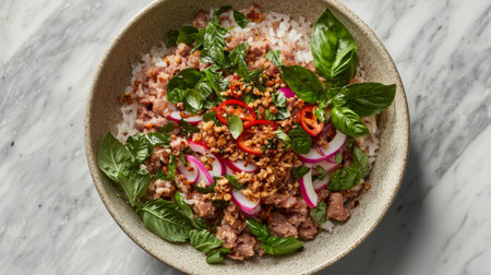 Enjoy a vibrant and nutritious bowl featuring rice topped with savory ground meat, fresh herbs, sliced radishes, and colorful chilies, perfect for any meal.の素材