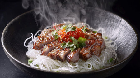 This image features a steaming bowl of tender pork resting on delicate rice noodles, beautifully garnished with fresh herbs and vibrant spices, perfect for food lovers.の素材