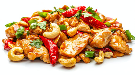 A vibrant meal featuring stir-fried chicken with cashews, red chili, and green vegetables, topped with fresh coriander. Perfect for a flavorful dining experience.の素材